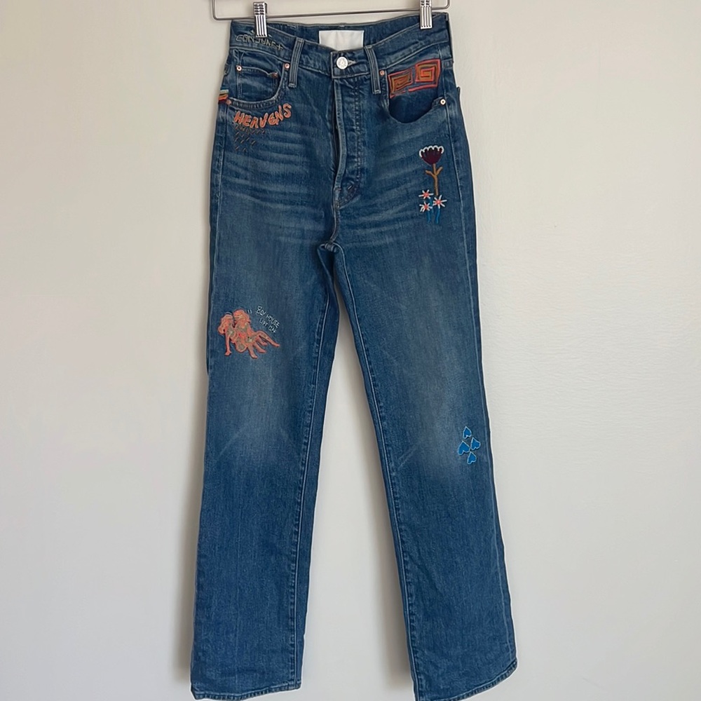 MOTHER Straight Leg Embroidered Blue Denim Jeans with Multicolor Accents